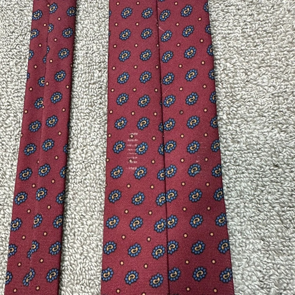 Mens Burgundy Paisley Silk Necktie Blue Gold Dot Pattern Classic Formal Tie